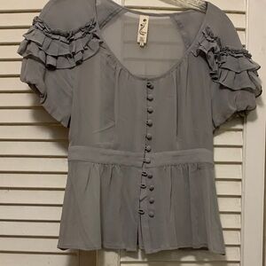Floreat Anthropologie Silk Sheer Blouse in Light Blue / Gray Color